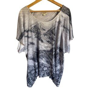 OneWorld XL Gray Knit Pleated Abstract Short Sleeve Artsy Top